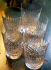 Vtg Set 5 DOUBLE OLD FASHIONED Hand Blown CLEAR CRYSTAL Glasses Xs & Oval Cuts