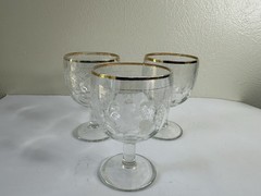 Set of 3 Vintage Bartlett Collins Grape Leaf Etched Glass Goblet Gold Rim