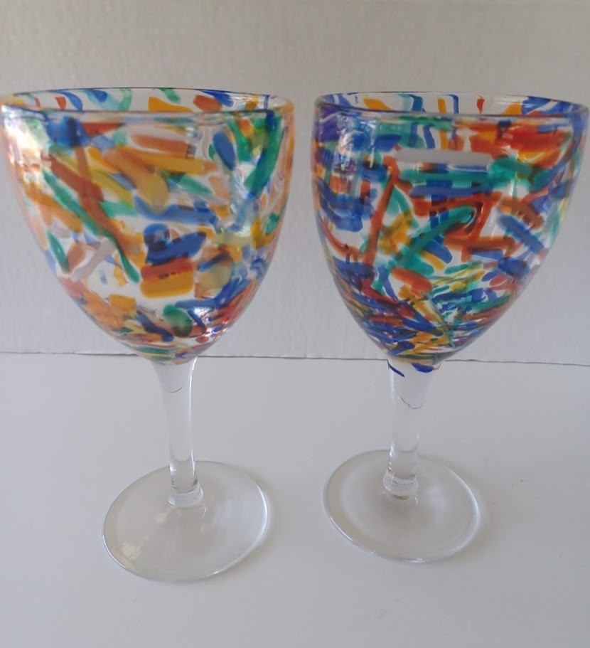 Pier 1 Vintage Wine Goblets Multicolor Confetti Art Glass Set of 2