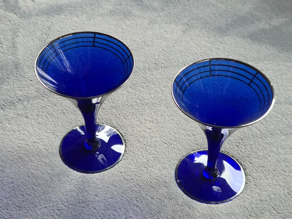 Pair Vintage Cobalt Blue Glass Cocktail Coupes Art Deco Geometric Silver Rim