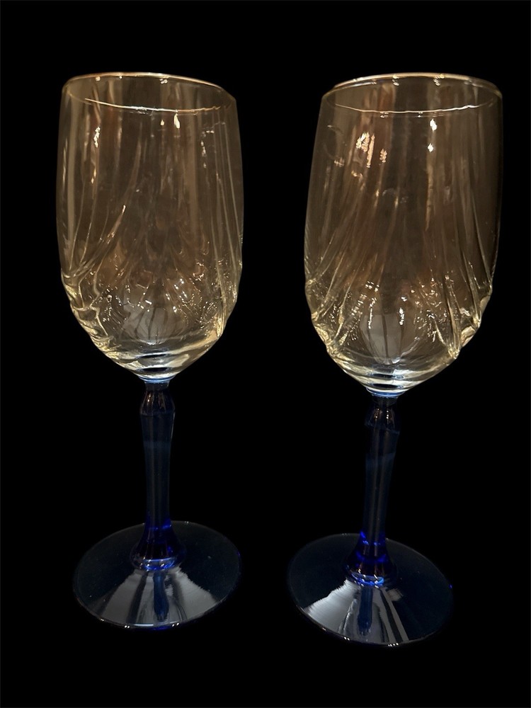 Lenox Cobalt Blue Stem Wine Glasses Goblets 8” Swag Drape Gold Rim 8 oz set of 2