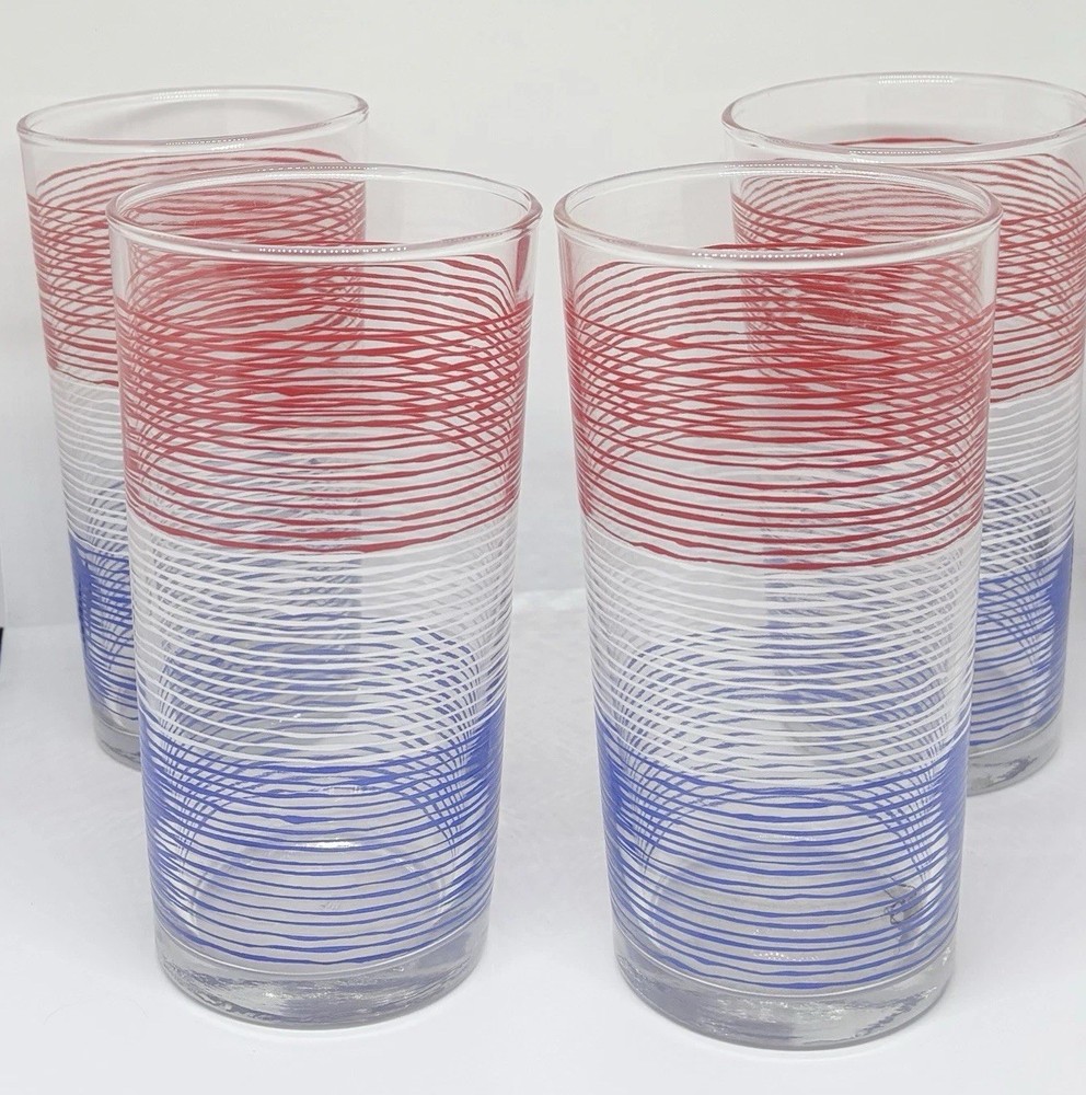 (4) Vintage Anchor Hocking Red White Blue Strip Tumblers Celebrate July 4th 18oz