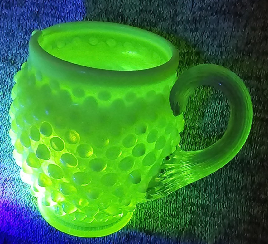 VTG Fenton Uranium Hobnail Opalescent Vaseline Glass Pitcher Yellow Clear Handle