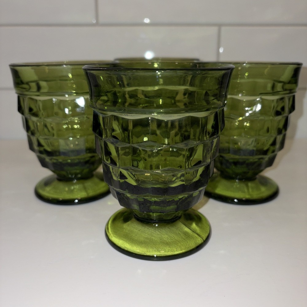 Vintage Colony Whitehall Avocado Green Water Wine Goblet Glasses Footed Set Of 4