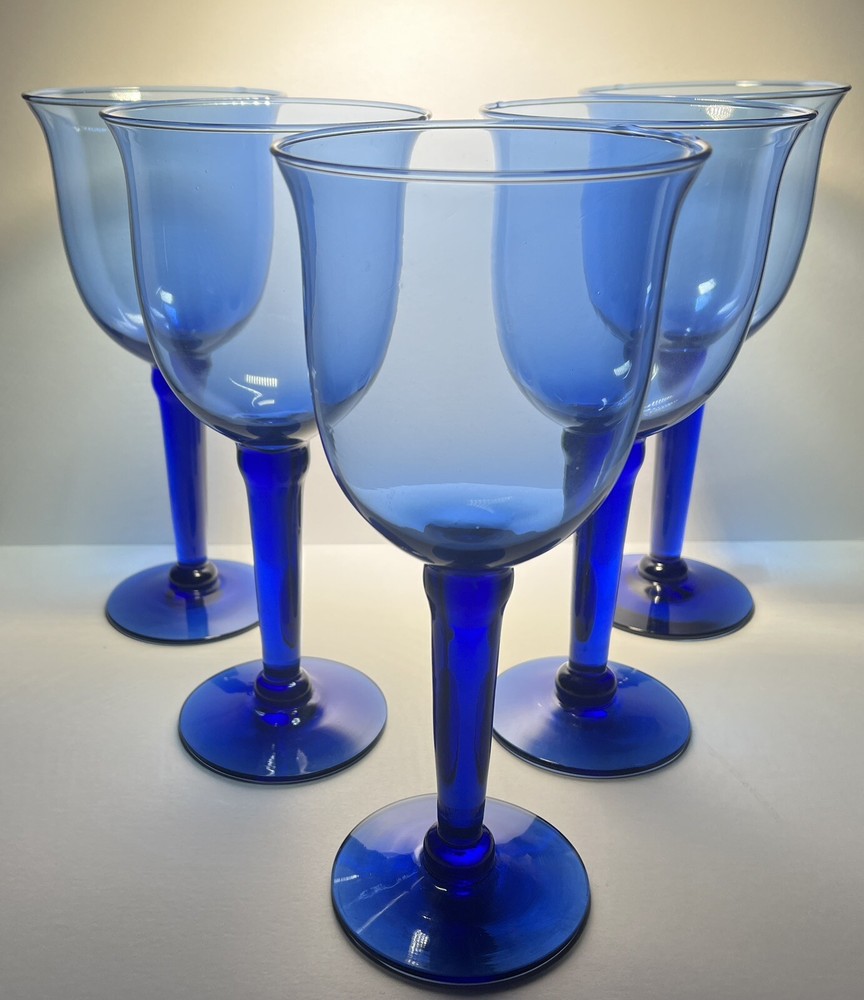 Set of 5 – Cobalt Blue Water Goblets 9-1/2” Height 4-1/4” Width