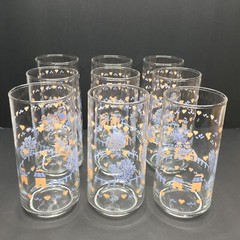 Vintage Set of 9 Glass Cup Drinking Glasses Country House Heart Tree Pink Purple