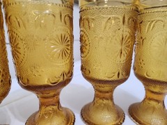 Vintage Amber Glass Goblets Set 4 Daisy Floral Pressed Drinking Glasses Pedestal