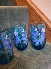 Vintage MCM Libbey Awesome Blue Daisy Juice Glasses 4” H Great Used Condition