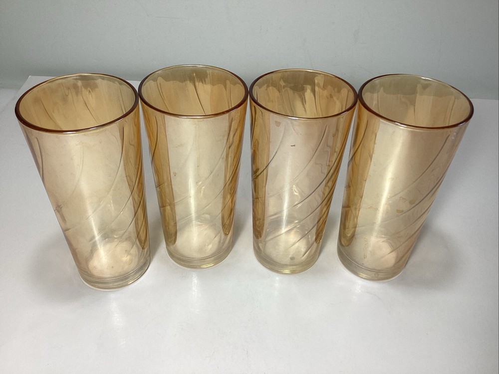Set 4 Vintage 16oz Carnival Glass Tall Tumblers Optic Swirl Peach Luster 5-1/2”