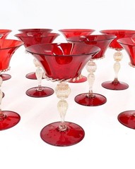 11 Cranberry Red and Gold Fleck Venetian Wine Glass Goblets