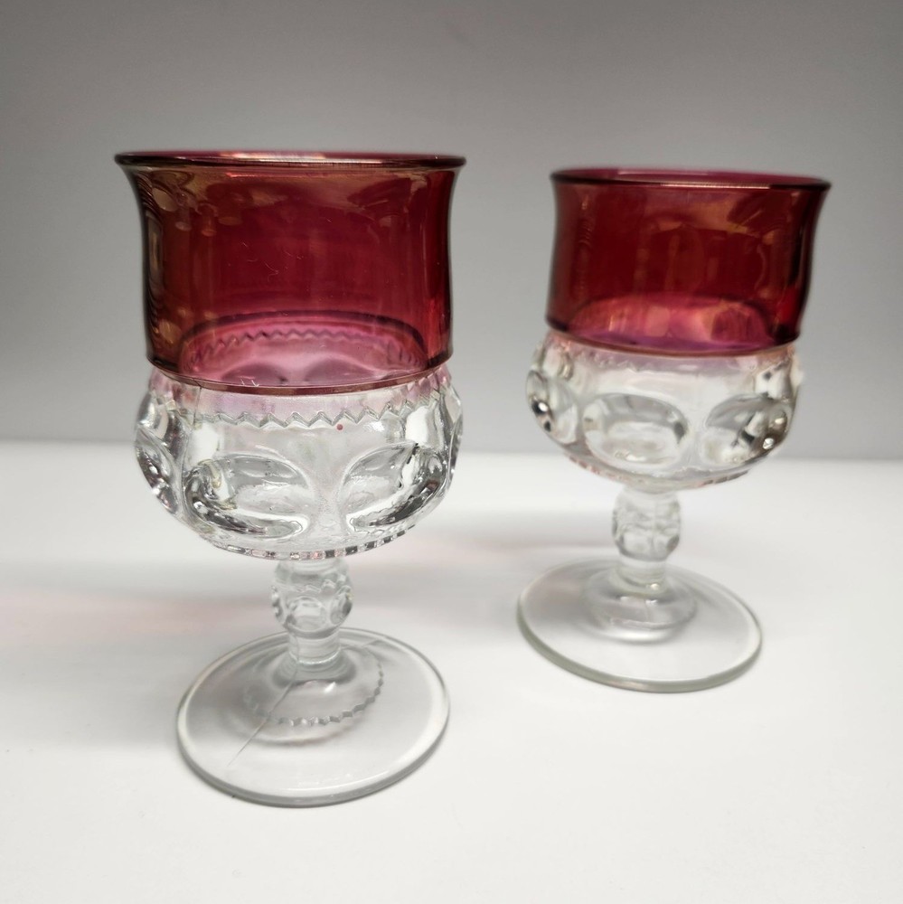 Tiffin Franciscan Cranberry Thumbprint King’s Crown Vintage Glass Goblets Set