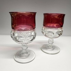 Tiffin Franciscan Cranberry Thumbprint King’s Crown Vintage Glass Goblets Set