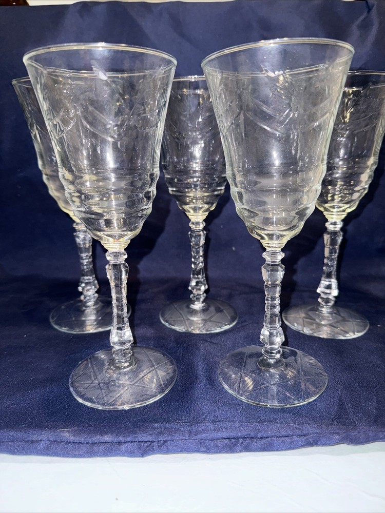 Set of 5 Rock Sharpe ARCTIC ROSE #3005 Water Goblet 7 7/8″ Blown Glass USA