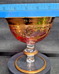Vintage Cranberry Glass Champagne Coupe Gold Gilt Décor Bohemian Style
