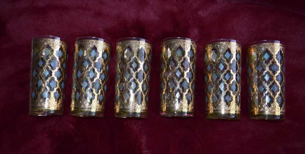 Gorgeous Vintage Culver Seville 22 Kt/Aqua Highballs, Set of 6