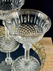 Vintage Champagne Coupe Cut Crystal Glass Silver Trim Cocktail Glasses Set 4 MCM