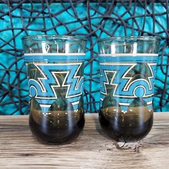 Lot OF 2 Vtg Anchor Hocking Smoked Glass Blue Brown Aztec Design 4″ JUICE Glass