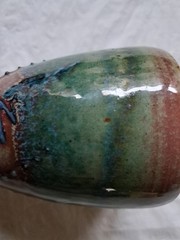 6″ Studio Pottery Chalice Goblet, Red & Green Glaze, Blue Slip-Dots