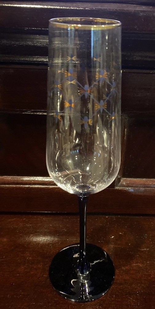 24K Gold Cobalt Blue Italian Champagne Flute Clear w/ Cobalt Blue Stem 10.25”