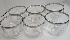 Set of 6 Vintage MCM Silver Rimmed Stemmed Short White Wine Glasses Dessert Dish