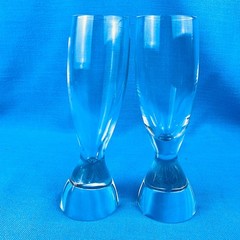 Nambe TILT two Champagne Flutes 7.5” Heavy Base Tilts Hard to Find Tiny Chip