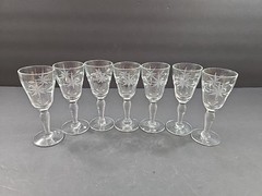 Set of 7 Etched Floral Optic Glass Stemmed Cordial Barware 4″ Tall
