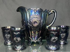5 Pc! VTG Mosser Glass Dahlia Pitcher & 4 Tumblers Set Amythest Carnival Mint