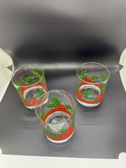 3 Libbey Holly & Berries Christmas Curved Flared Old Fashioned Glasses 10oz