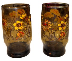 VINTAGE FLORAL Brown Yellow and Orange Juice Glass Set of 2