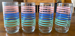 Vintage Pastel Pink Blue Green Stripe Drinking Glasses Set of 8 MCM