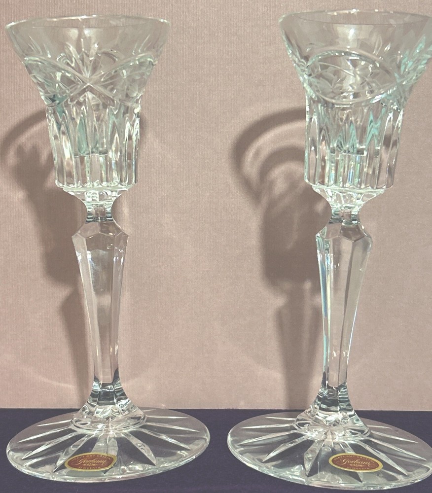 Gorham Crystal Victoria’s Garden Candlesticks 2 Clear Cut Florals 6.5