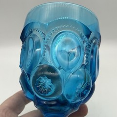 Vintage MCM LE Smith Glass Moon & Star Teal Blue Water Wine Goblet 6″