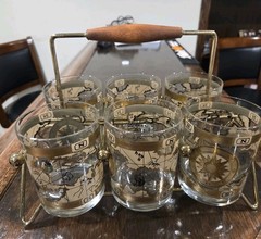 MCM Cera 12Pc WORLD MAP Double Old Fashioned Cocktail & Shot Glasses W/Caddy