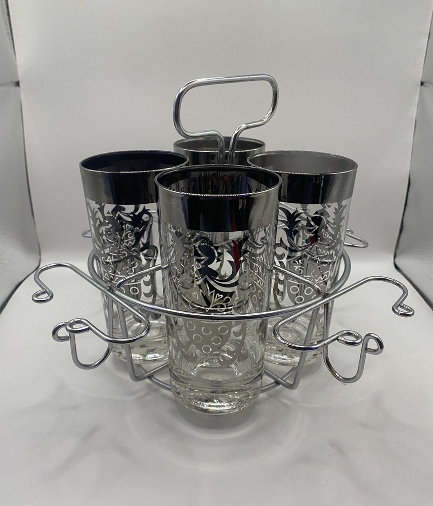 Vintage Mid-Century Barware Glass Set w/ Chrome Caddy – 4 Highball Tumblers