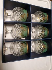 Vintage Czech Bohemian 6 Glass set Hand Cut Green Raised Gold Barware wine Rare