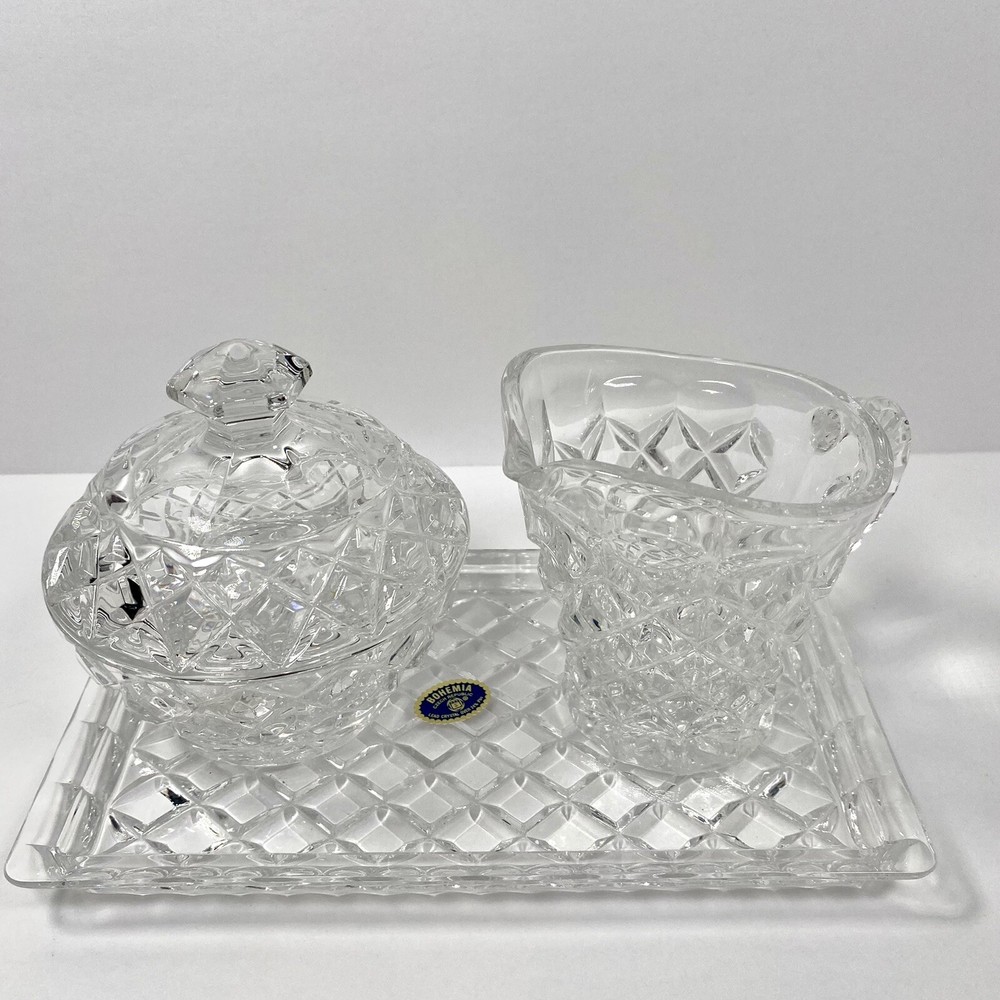 BOHEMIAN CZECH CRYSTAL SUGAR & CREAMER SET WITH TRAY DIAMOND PATTERN VINTAGE NEW
