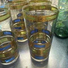 8 Culver LTD EMPRESS Highball Cocktail Glasses Blue & Green Stripes 22Kt Gold