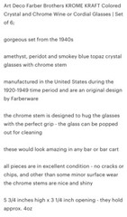 FARBER BROS Krome Kraft Cambridge Cocktail Cordials Amethyst Peridot Blue Glass
