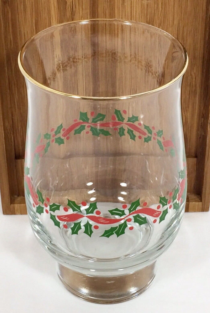 Libbey HOLLY BERRY & RED RIBBON Gold Rim Tulip Tumbler Xmas 14 oz 5 1/4″ Vtg EUC
