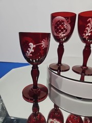 (5) WINE glasses Goblets 5″, bohemian Ruby red flashed & engraved cut to clear