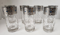 Culver Sorrento Hiball Tumblers Silver Lattice Blue Accent 5 5/8″ Tall Set of 7