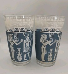 Vintage Mid-Century Modern Hazel Atlas Wedgwood Blue Egyptian Tumblers (Set…