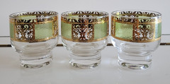 3 Culver Toledo Green Gold Scroll Lowball Bar Glasses 2.75 Inches Holds 4 ozs