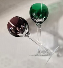 AJKA CASTILLE MULTICOLOR CASED LEAD CRYSTAL WINE HOCK GOBLETS, SET OF 4