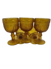 Amber Glass Goblets Floral Embossed Set Of 5 Vintage Style 4.5″ Height For Dinin