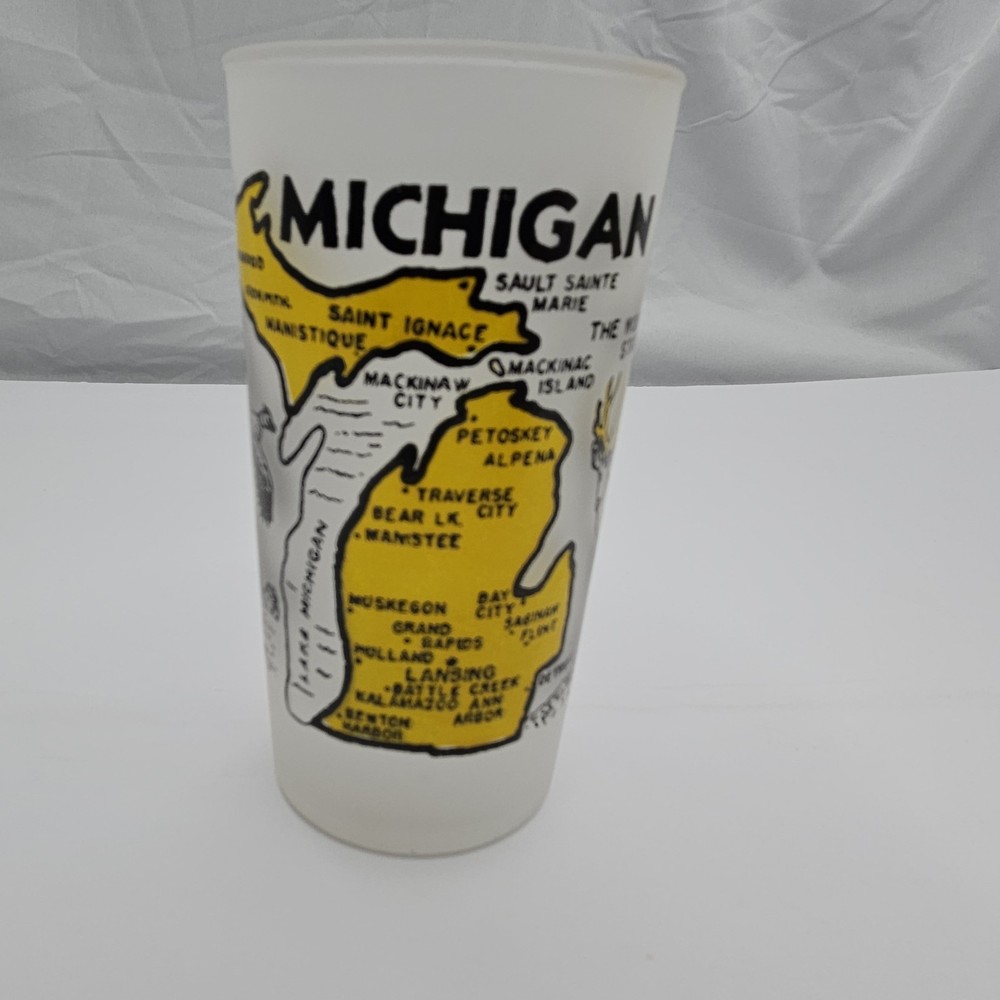 HTF Vtg Hazel Atlas Michigan State Frosted Glass Map Deer Fish Outdoors