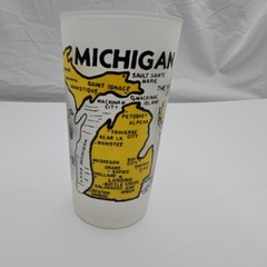 HTF Vtg Hazel Atlas Michigan State Frosted Glass Map Deer Fish Outdoors