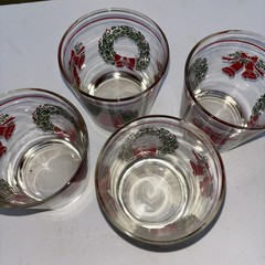 VTG Libby Christmas Holly Berry Ribbon Gold Rim Low Ball Glasses Set of 4 MCM