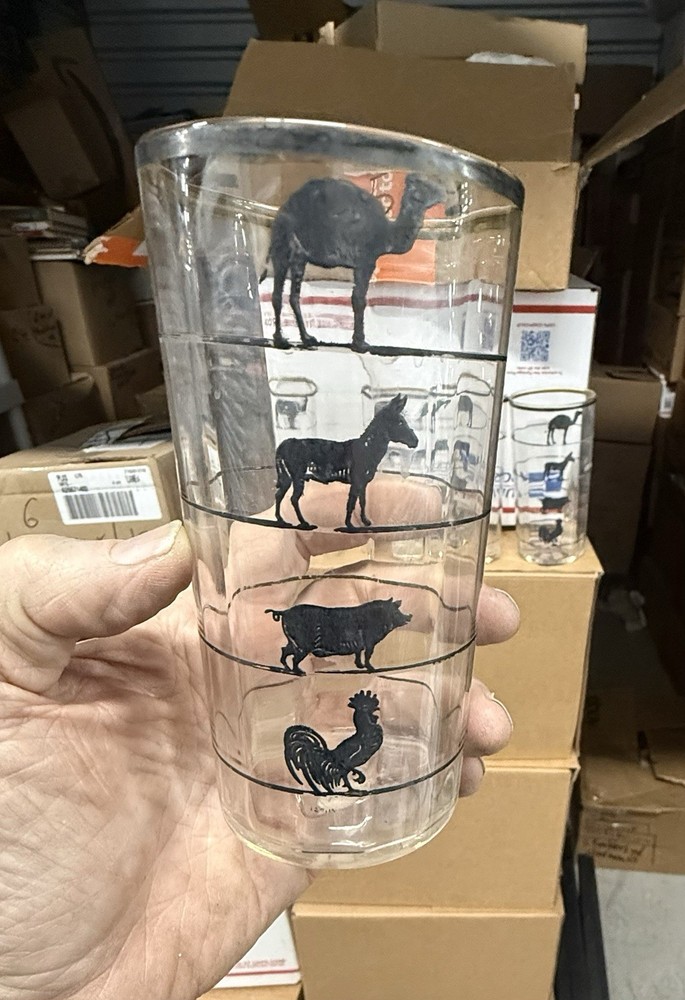 five glass tumblers with silver overlay animals