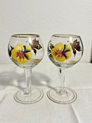 2 Vintage Romania Bohemian Hand-Painted Stemmed Glasses Gold Butterfly Yellow